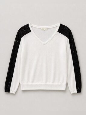 Lace-Trim V-Neck Sweater in White and Black Sequin
